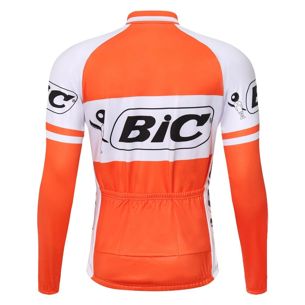 The BIC Orange Long Sleeve Retro Cycling Jersey features an orange and white design, with the bold black BIC logo on the back. It has a fitted style, long sleeves, and convenient lower back pockets. A fleece option is available.