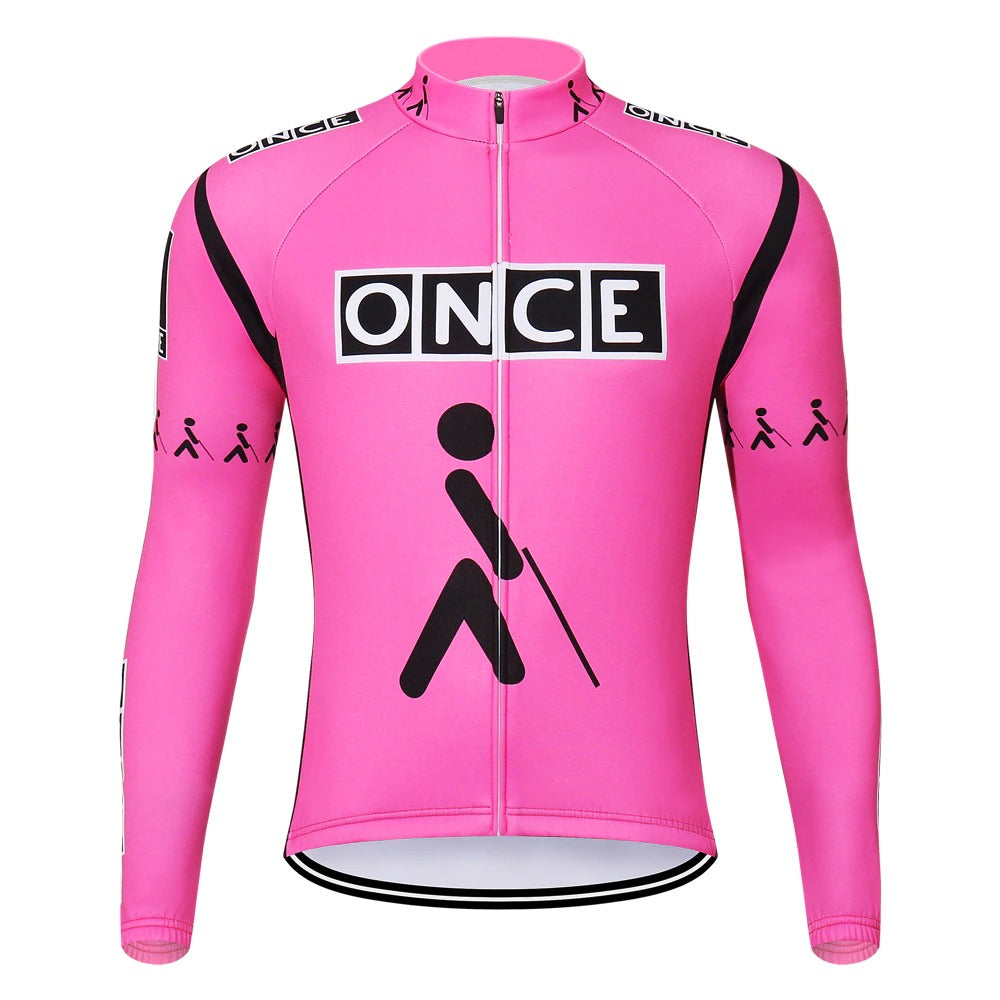 The ONCE Pink Long Sleeve Retro Cycling Jersey features ONCE in bold black on the chest and a black icon of a person with a cane on its long sleeves and shoulders, adding to its vintage charm.