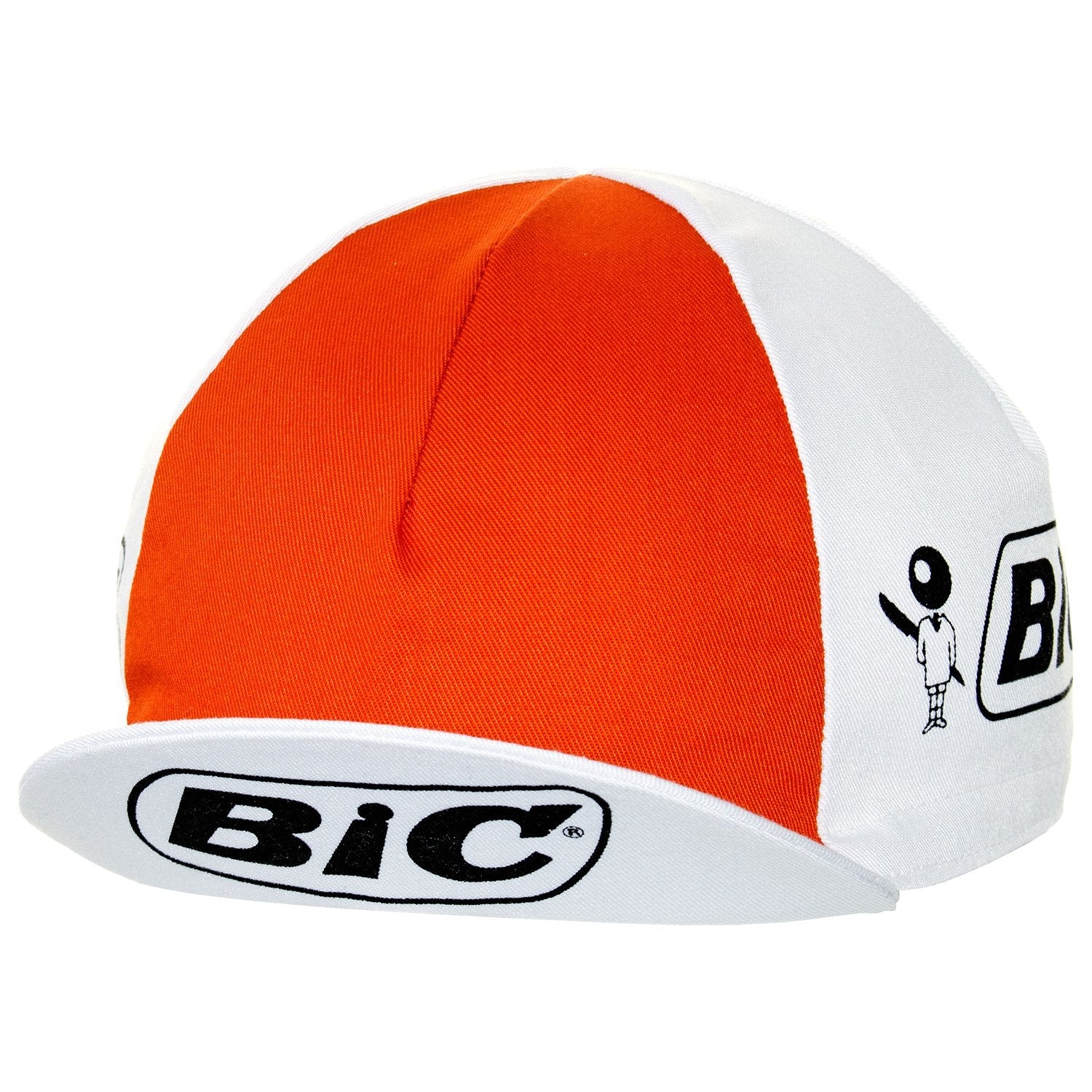 The Bic Retro Cycling Cap boasts a classic design with alternating red and white panels. Its small white brim features the black BIC logo, enhanced by vintage cycling graphics on the white sections.