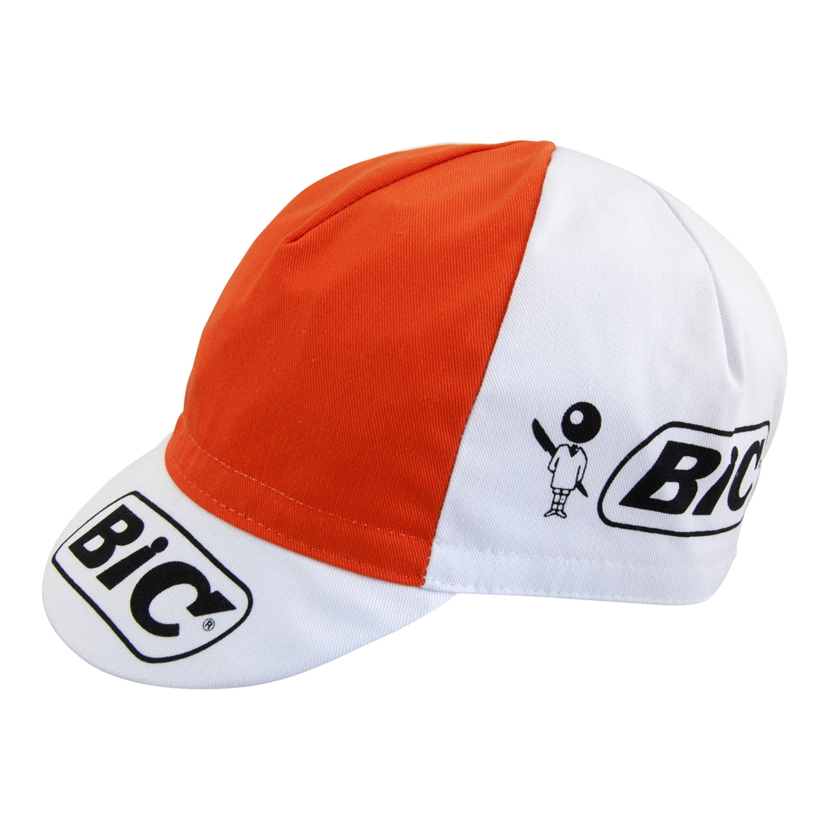 The Bic Retro Cycling Cap boasts a classic retro style with an orange and white design, featuring the BIC logo on the front and sides. A graphic of a person holding a disc adorns the left side, enhancing its nostalgic appeal.