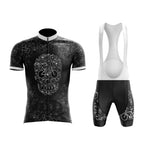 The Bicycle Skulls Cycling Jersey Set includes a black jersey and bib shorts with white bicycle patterns and a unique skull design. Made from lightweight polyester for comfort, the set is accented with white collar and straps, featuring scattered bicycle images on the shorts.