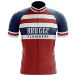 The Brugge Flanders Retro Cycling Jersey features a navy, white, and red striped design with Brugge Flanders text. Made from lightweight polyester, it boasts short sleeves and a zippered front, merging classic and modern styles seamlessly.
