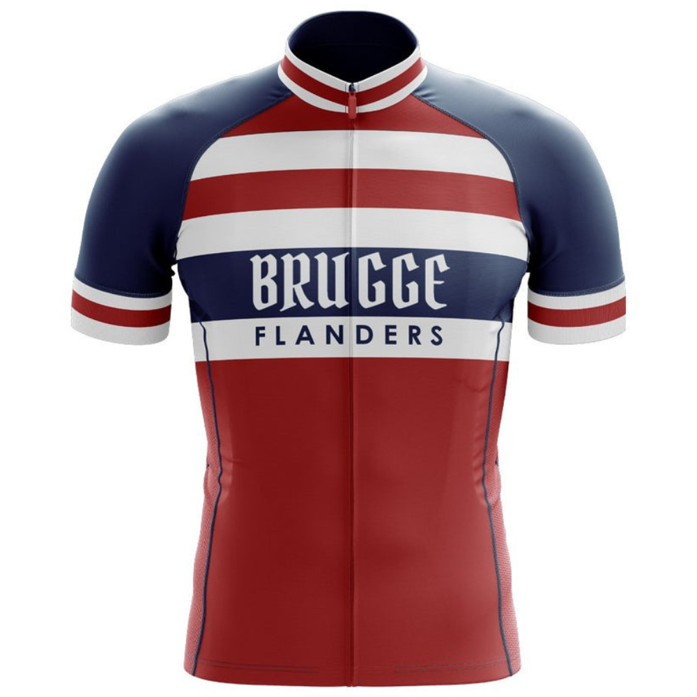 The Brugge Flanders Retro Cycling Jersey features a navy, white, and red striped design with Brugge Flanders text. Made from lightweight polyester, it boasts short sleeves and a zippered front, merging classic and modern styles seamlessly.