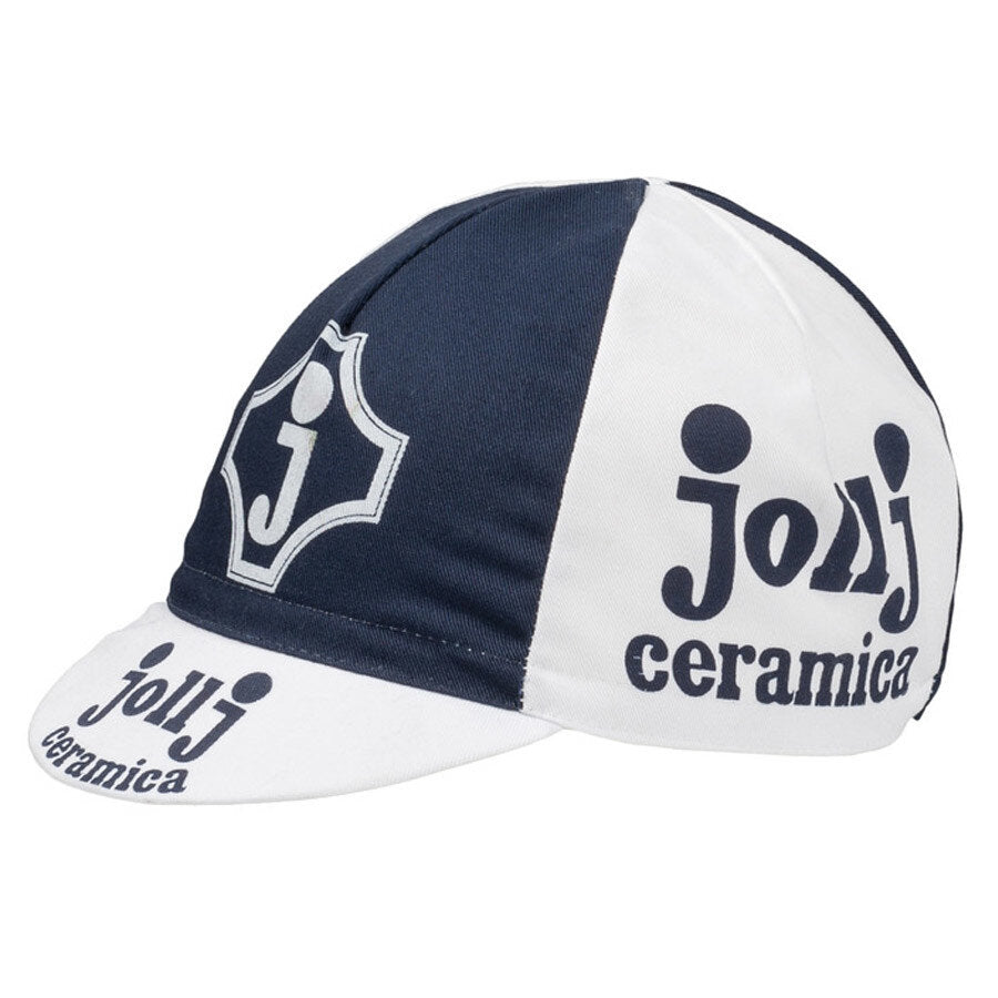 The Jollj Ceramica Retro Cycling Cap showcases a classic design with alternating black and white panels, featuring a shield logo and Jollj Ceramica text on the sides and brim.
