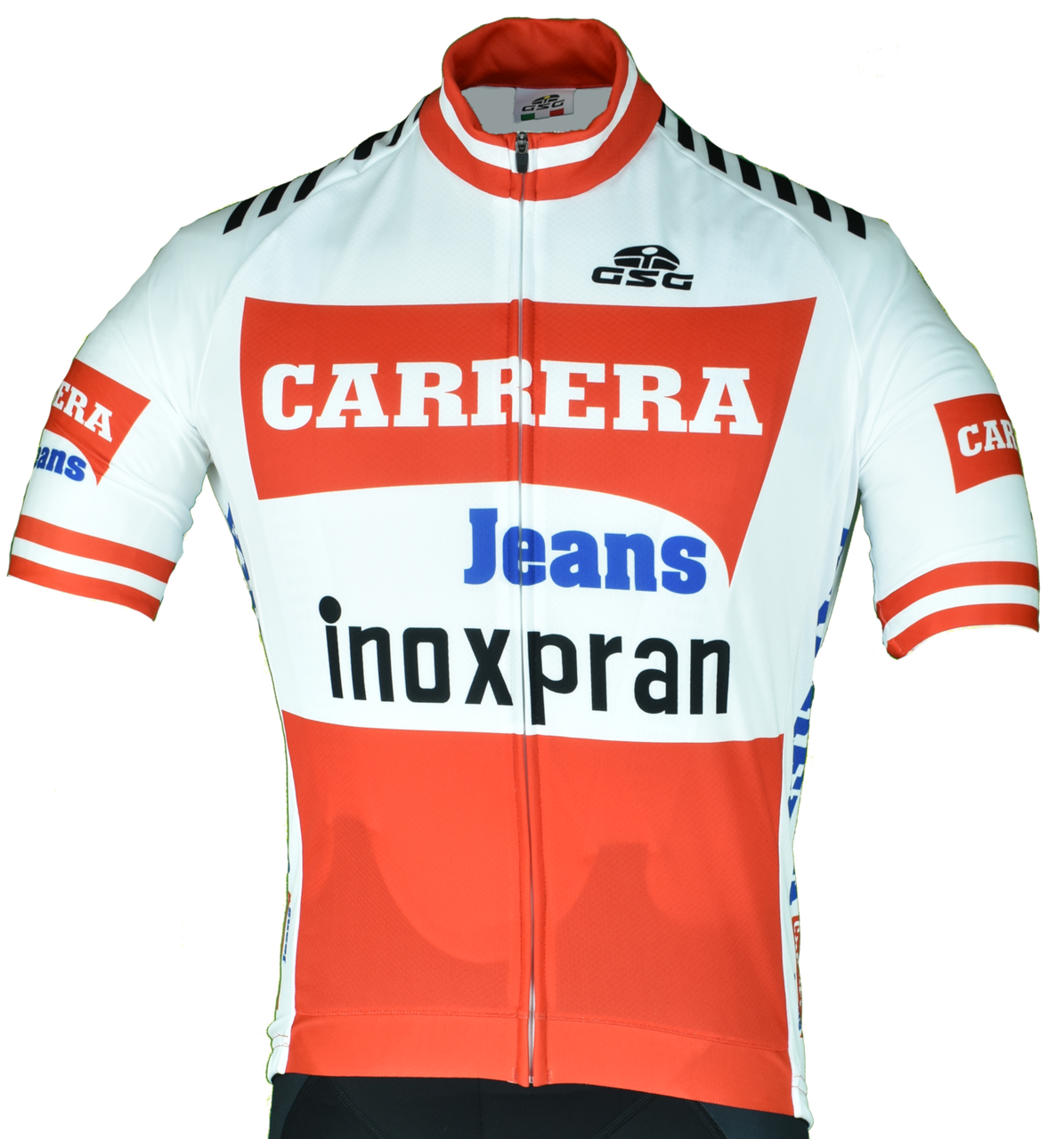 The Carrera Inoxpran 1984 Retro Cycling Jersey Set features a classic design with red/white sections and logos CARRERA in bold red, Jeans in blue, and inoxpran in black. It includes a front zipper and sleek black shoulder accents, reminiscent of the iconic 1984 cycling team look.