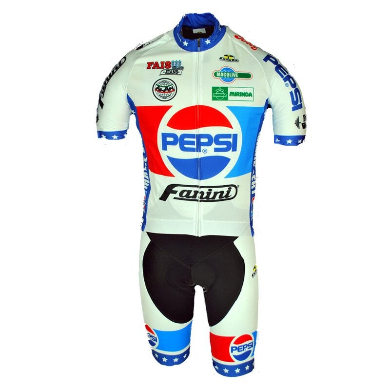 The Pepsi Fanini Retro Cycling Jersey Set, made from lightweight polyester, features a classic racing design in blue, white, and red. It showcases prominent Pepsi Fanini logos with star patterns on sides and sleeves plus various smaller sponsor logos.