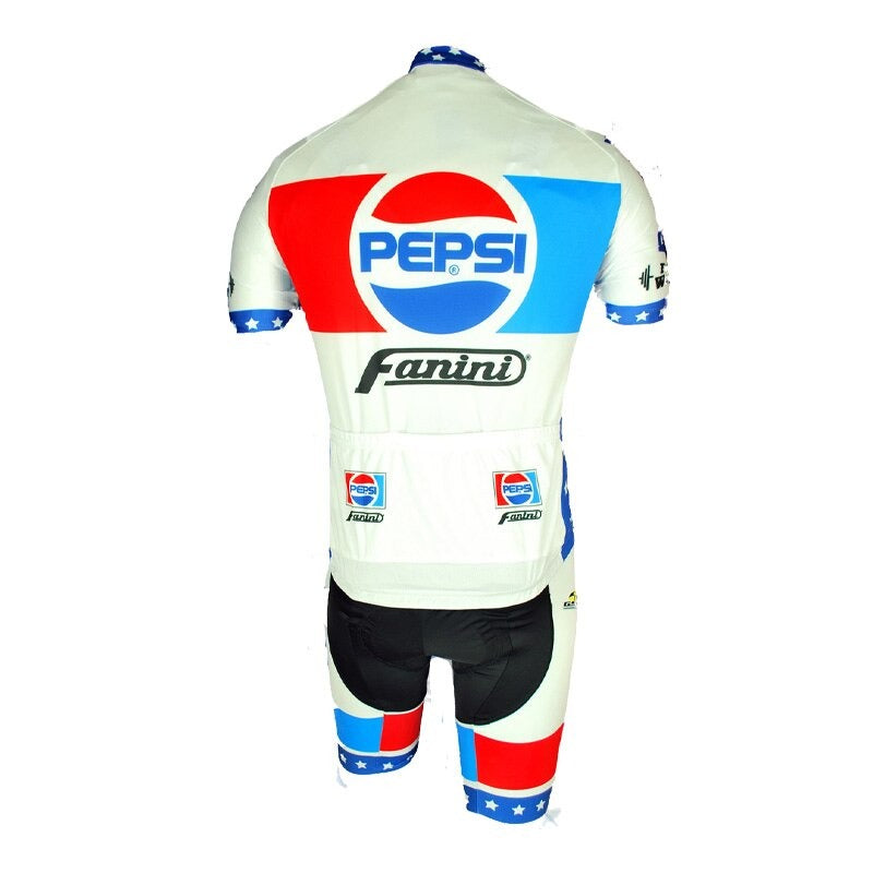 The Pepsi Fanini Retro Cycling Jersey Set showcases the iconic logo in vibrant red, white, and blue. Made from lightweight polyester, it features stars and geometric patterns that stand out against a plain white background.