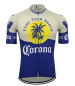 The Corona Beer Cycling Jersey features a tropical design with a palm tree and yellow sun, made from lightweight polyester. It includes Find Your Beach text, the Corona logo in blue and white, short sleeves, and a front zipper for enhanced performance.