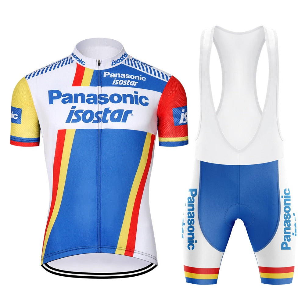 The Panasonic-Isostar Retro Cycling Jersey Set includes a vibrant blue, yellow, and red striped design. Made from lightweight polyester, it features a short-sleeve jersey with sponsor logos and a zip-up front, plus breathable bib shorts with white straps and matching logos.