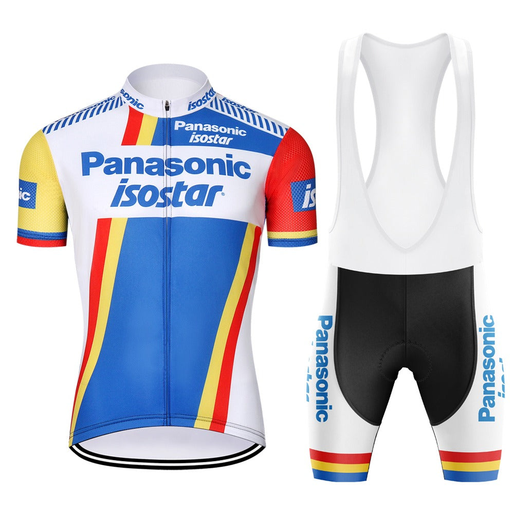 The Panasonic-Isostar Retro Cycling Jersey Set features a lightweight polyester jersey with blue, yellow, and red stripes, paired with white bib shorts accented in blue. This breathable and comfortable set offers both style and performance for cycling enthusiasts.