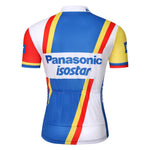 The Panasonic-Isostar Retro Cycling Jersey Set features a vibrant blue, yellow, red, and white design made from lightweight polyester for comfort and breathability. The sleeves display bold yellow and red patterns, while the shoulders are highlighted with blue panels featuring logos.