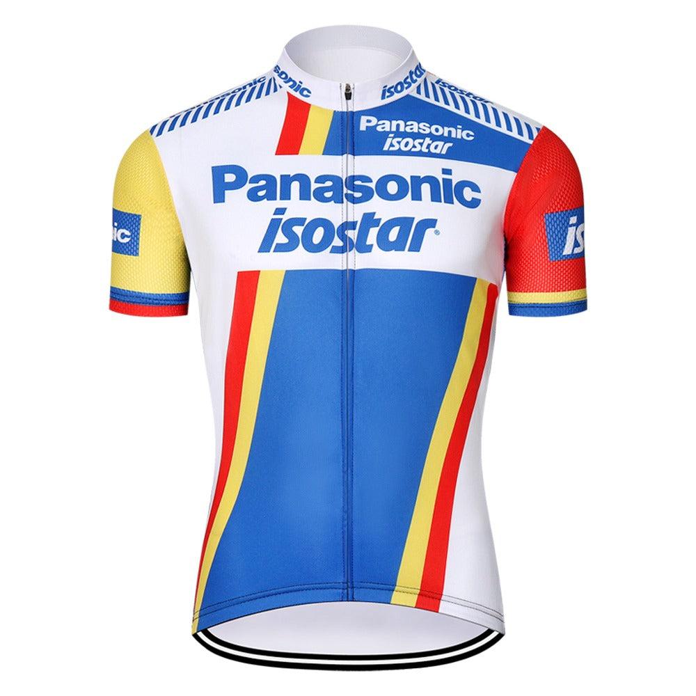 The Panasonic-Isostar Retro Cycling Jersey Set features a white, blue, red, and yellow geometric design. Made from lightweight polyester for breathability and comfort, it includes short sleeves, a full front zipper, and prominent logos for a stylish cycling look.