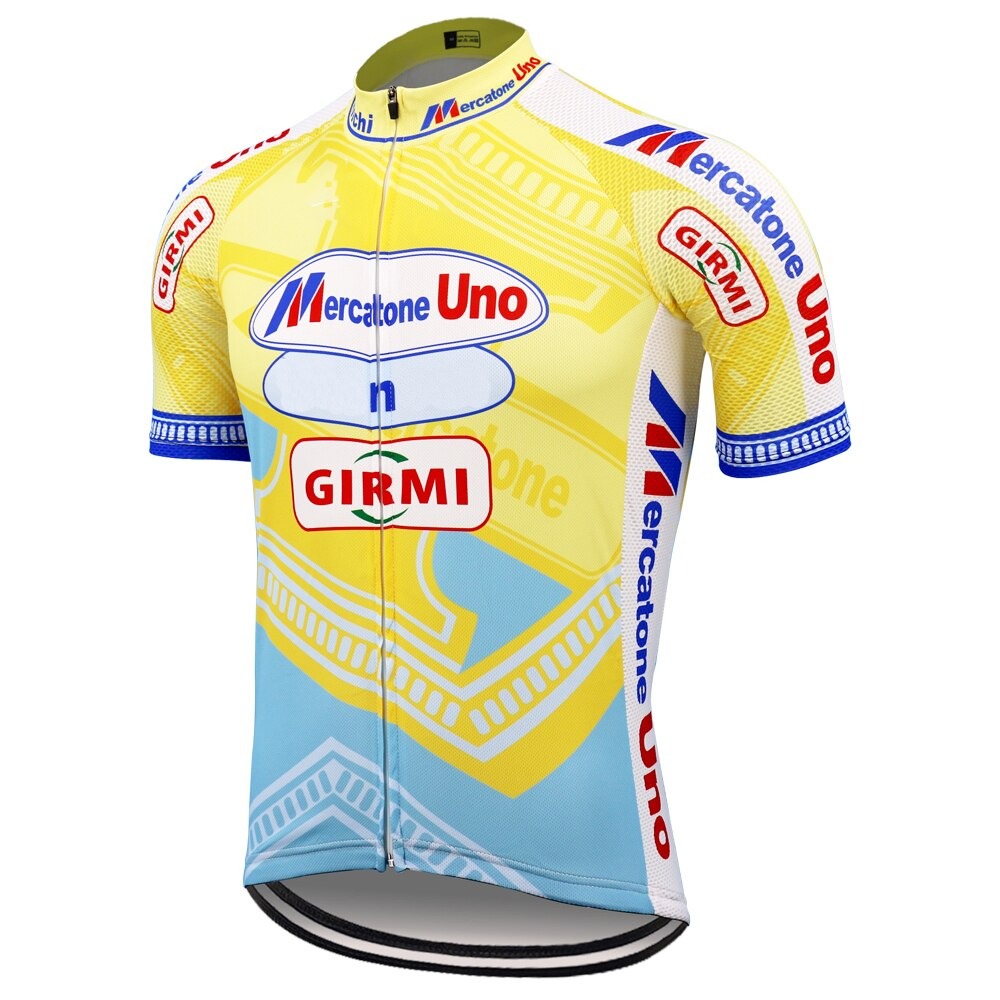 The Mercatone Uno Retro Cycling Jersey Set celebrates Marco Pantani with a yellow and light blue design, includes Mercatone Uno and Girmi logos, red and blue accents, short sleeves, and a front zipper for classic functionality.