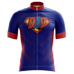 Introducing the Super Dad Cycling Jersey: a retro-style cycling jersey with a superhero look. Made of lightweight polyester, it features a blue base, red sleeves and sides, and a striking DAD emblem on the chest for ultimate superhero appeal.