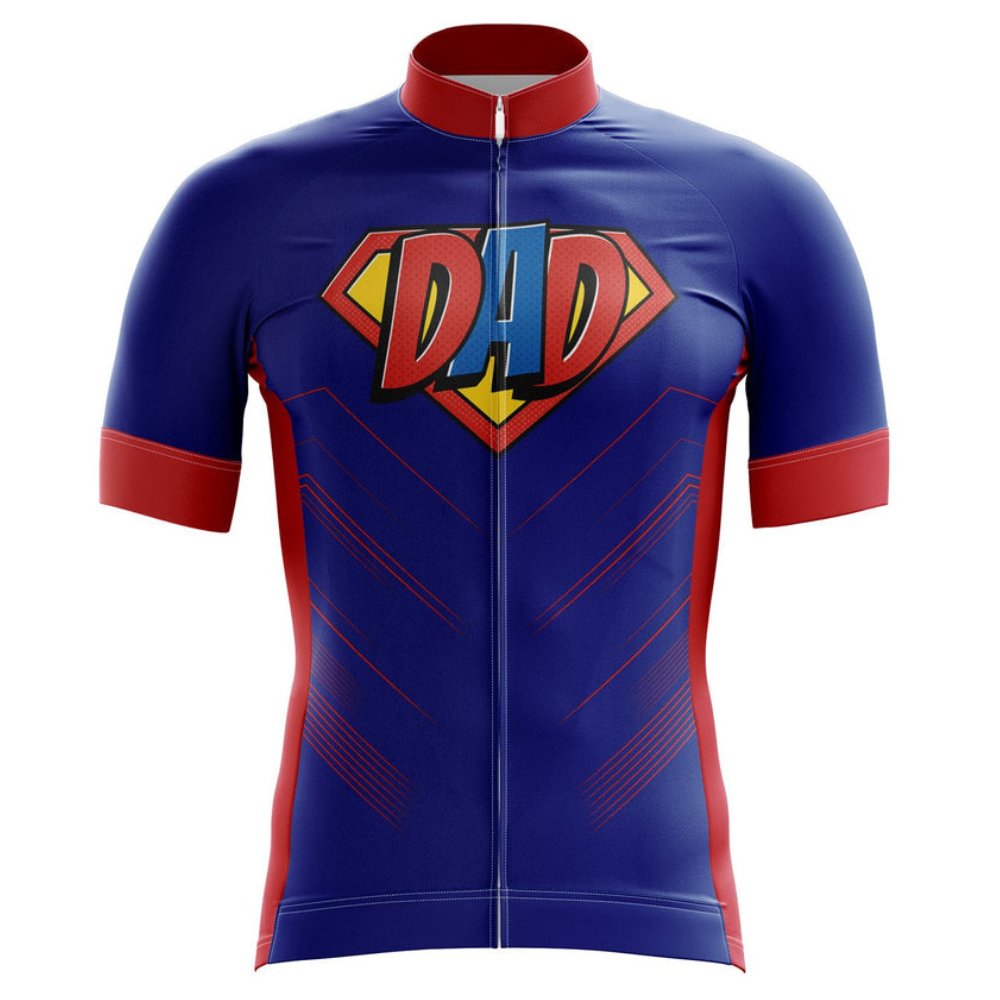 Introducing the Super Dad Cycling Jersey: a retro-style cycling jersey with a superhero look. Made of lightweight polyester, it features a blue base, red sleeves and sides, and a striking DAD emblem on the chest for ultimate superhero appeal.