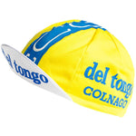 The Del Tongo Colnago Retro Cycling Cap features a yellow base with a blue and white design, iconic branding on the brim and sides, and a short white visor with bold blue letters, capturing vintage cycling style.