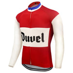 Duvel Beer Retro Cycling Jersey (with Fleece Option) - A red and white long-sleeve with a full zipper, featuring Duvel on the chest. Ideal for Duvel Beer fans, it combines style and comfort on every ride.