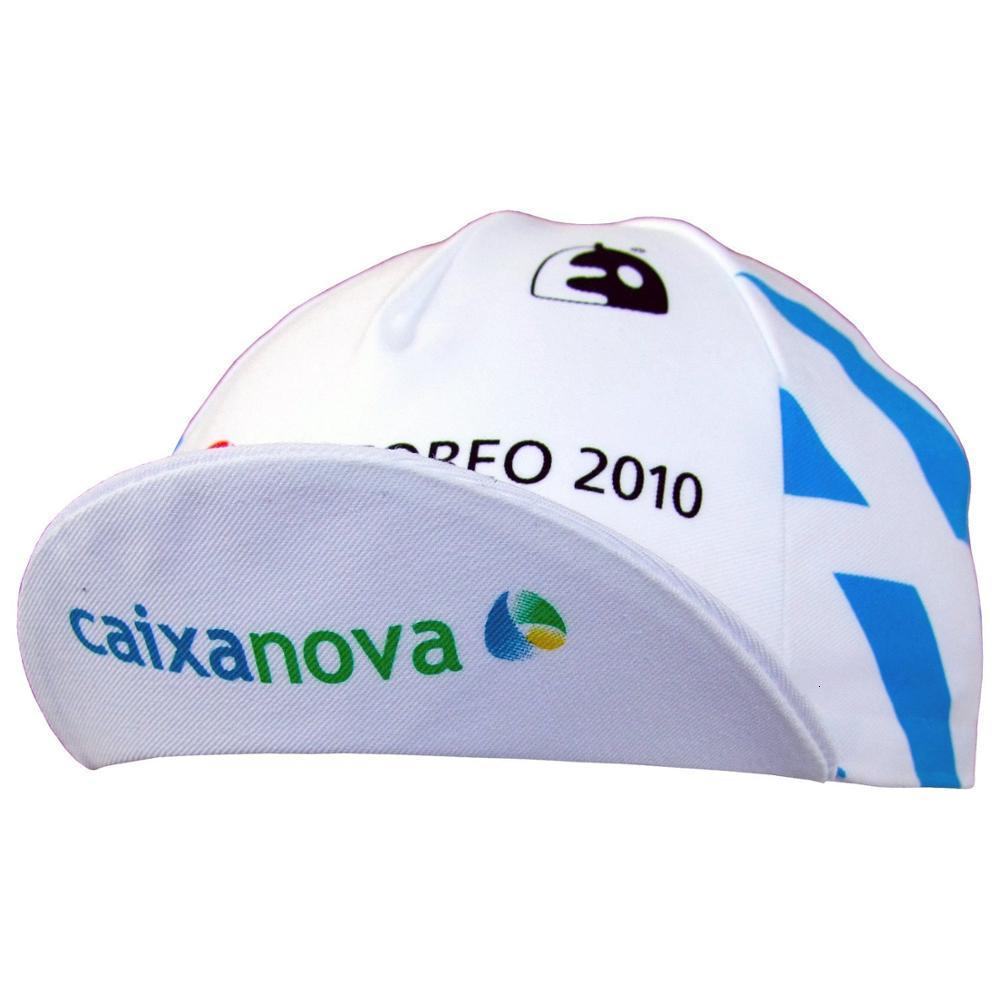 The Caixanova Retro Cycling Cap is a vintage-styled white cap featuring CAIXANOVA and CORREO 2010 text, along with logos and striking blue triangular side patterns, offering a timeless retro flair.