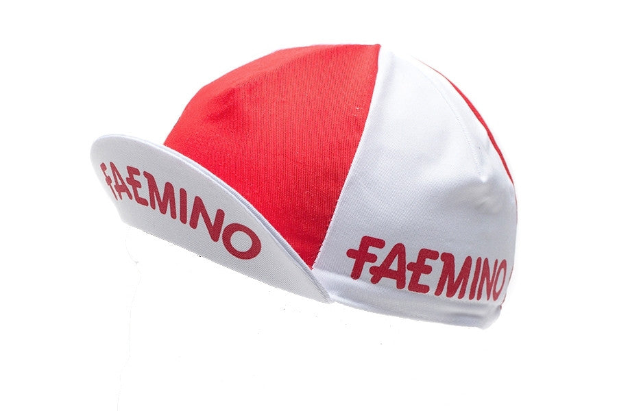 The Faemino Retro Cycling Cap features a vintage look with a red and white design. FAEMINO is printed in red on the white parts and brim, embodying classic cycling style.