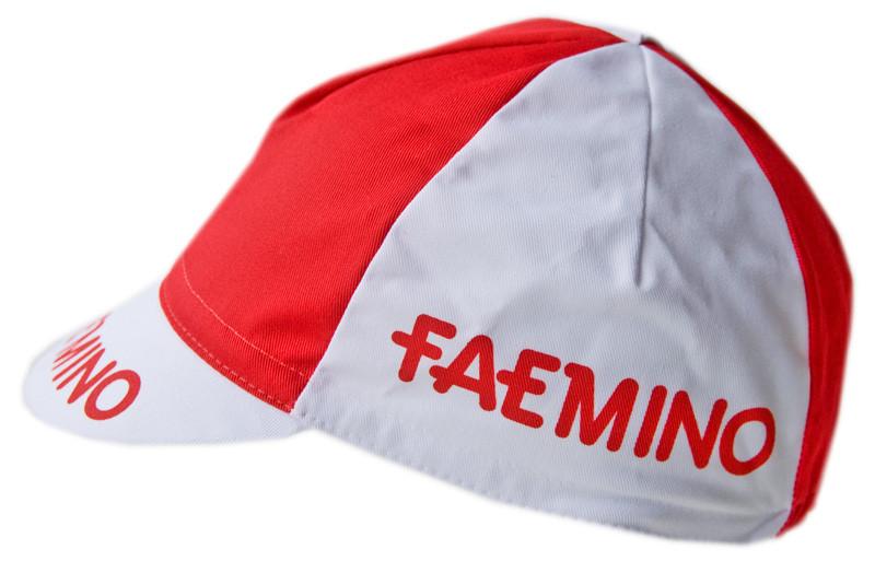 The Faemino Retro Cycling Cap features vintage charm with red and white panels, boasting FAEMINO in red on the side and brim, epitomizing a classic retro design.