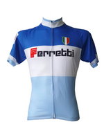 The Ferretti Retro Cycling Jersey is a blue and white classic cycling jersey with short sleeves, featuring a vertical zipper, an Italian flag emblem on the chest, and the text Ferretti across the front. Its crafted from lightweight high-performance polyester for comfort during rides.