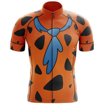 Meet the Flintstones Cycling Jersey: This performance jersey features a vibrant orange base with black spots, a blue tie design, and a cartoon prehistoric theme. Made from lightweight polyester, it includes a front zipper and short sleeves for ultimate cycling comfort.