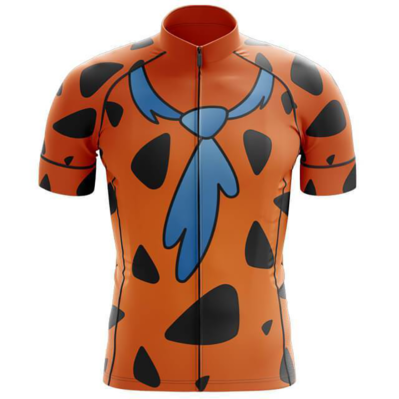 Meet the Flintstones Cycling Jersey: This performance jersey features a vibrant orange base with black spots, a blue tie design, and a cartoon prehistoric theme. Made from lightweight polyester, it includes a front zipper and short sleeves for ultimate cycling comfort.