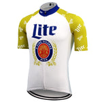 The Lite Beer Cycling Jersey is a lightweight polyester design with yellow sleeves and a white body featuring Lite in blue. It includes a circular logo with A Fine Pilsner Beer, ideal for beer-loving cycling enthusiasts.