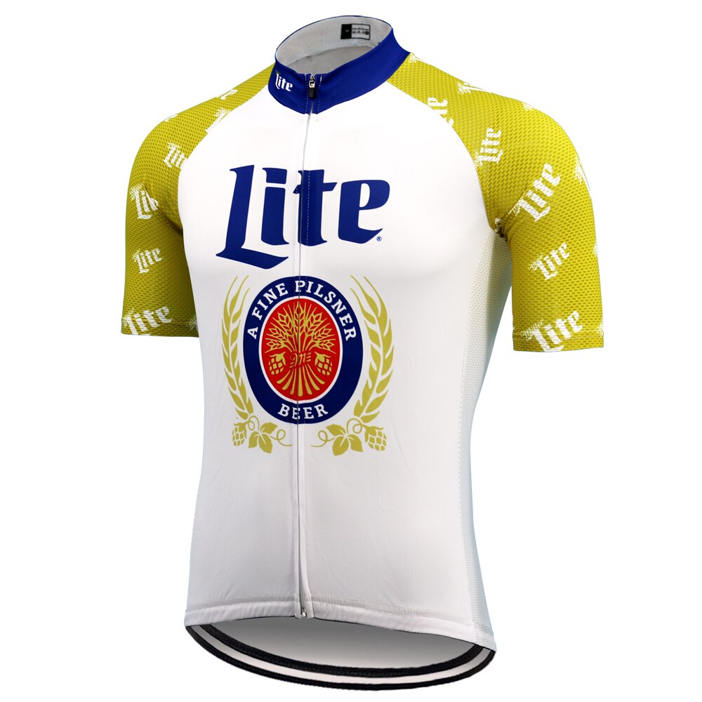The Lite Beer Cycling Jersey is a lightweight polyester design with yellow sleeves and a white body featuring Lite in blue. It includes a circular logo with A Fine Pilsner Beer, ideal for beer-loving cycling enthusiasts.