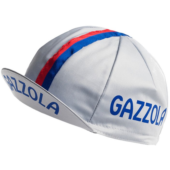 The Gazzola Retro Cycling Cap is a white cap with a classic retro design, featuring blue and red stripes from front to back and the word GAZZOLA elegantly printed in blue on the sides and brim, embodying vintage cycling style.