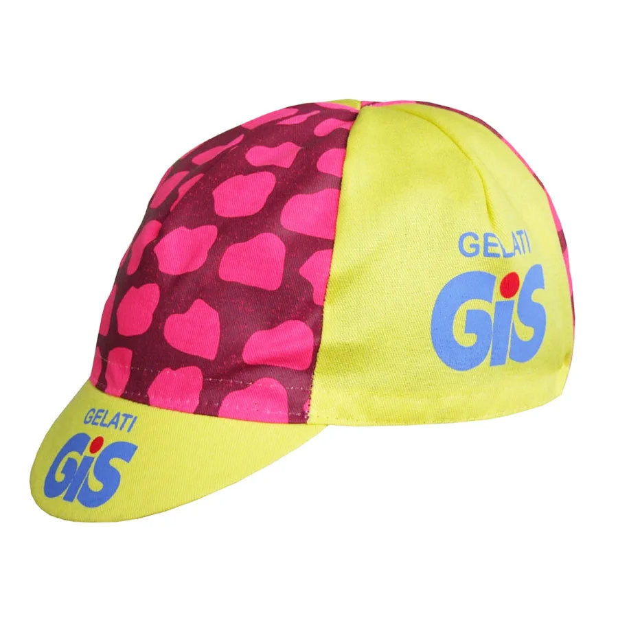 The GiS Gelati Retro Cycling Cap features a classic retro design with vibrant yellow and pink abstract shapes. GiS Gelati is elegantly displayed in blue and red on the brim and side, making it ideal for style enthusiasts.