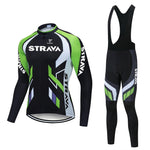 The Strava Cycling Jersey Long Set features a long-sleeve jersey and bib tights in black, green, and white geometric design. It prominently displays the STRAVA name and offers optional fleece lining and a gel seat pad for enhanced comfort.