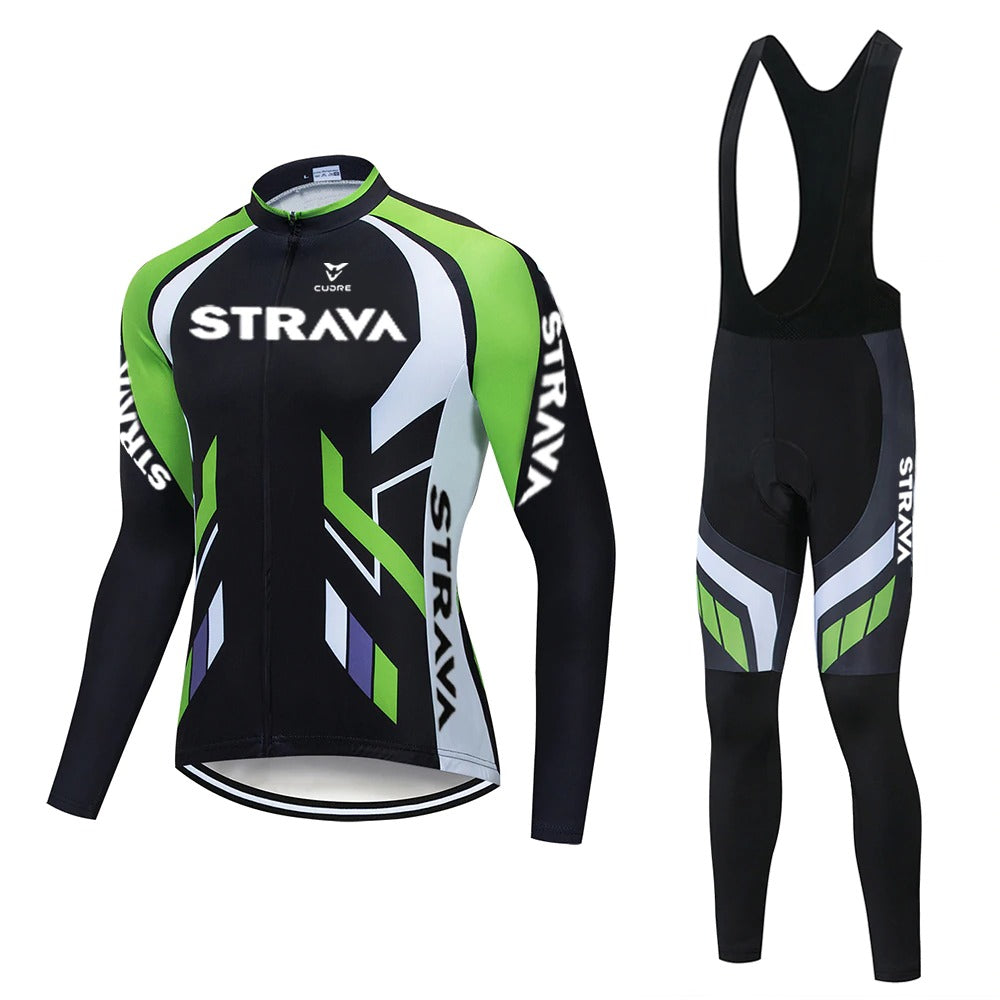 The Strava Cycling Jersey Long Set features a long-sleeve jersey and bib tights in black, green, and white geometric design. It prominently displays the STRAVA name and offers optional fleece lining and a gel seat pad for enhanced comfort.