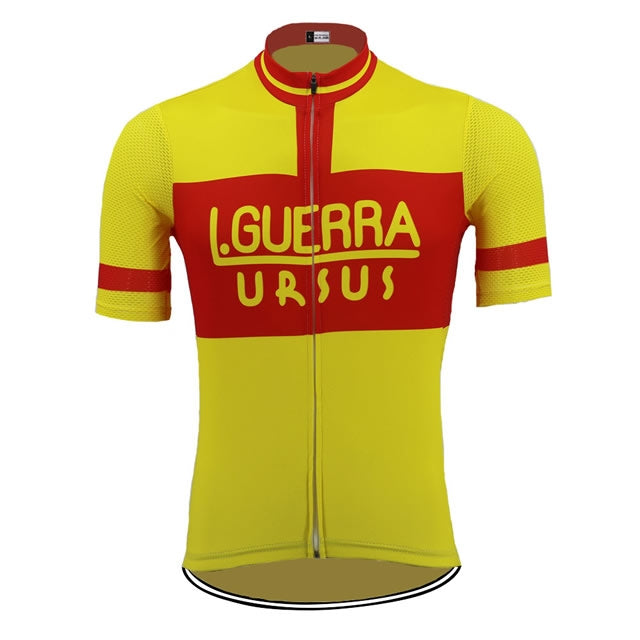 The Learco Guerra Ursus Retro Cycling Jersey in yellow features red horizontal stripes on the chest and sleeves, bold I. Guerra Ursus text celebrating the 1954 Giro dItalia, a front zipper, and a sleek design reflecting Learco Guerras iconic style.