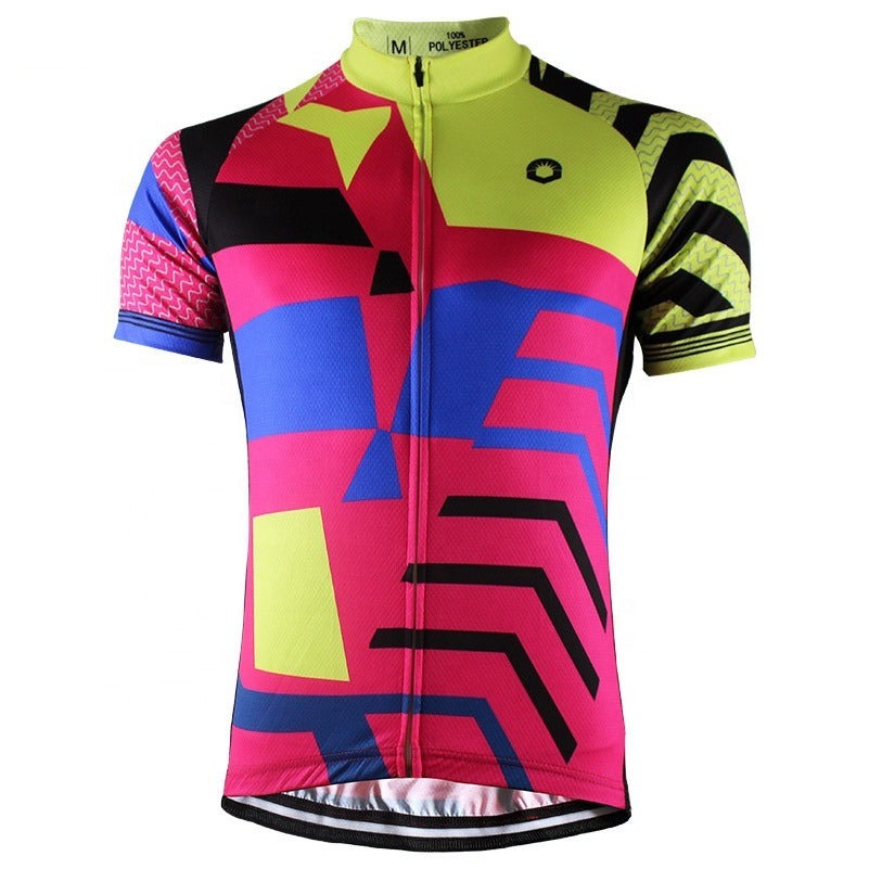 The Graffiti Art Retro Cycling Jersey features a vibrant geometric design in red, yellow, blue, and black. Made from lightweight polyester, it includes a front zipper and a small black logo on the left chest, capturing the dynamic essence of street art.