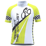 The Respect the Cyclist Retro Cycling Jersey features a bold design with a cyclist graphic and RESPECT THE CYCLIST in black on a white/yellow background. The sleeves have a black-and-white zigzag pattern for added flair, emphasizing safety.
