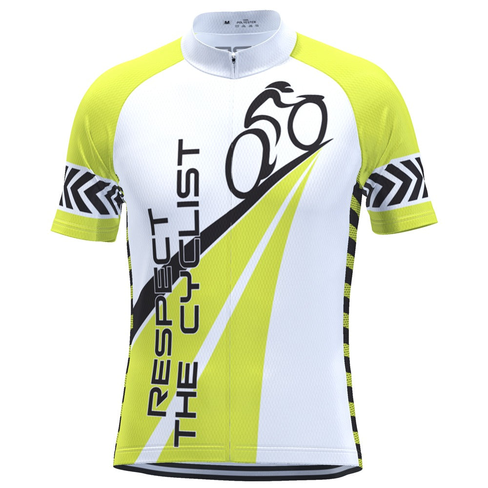 The Respect the Cyclist Retro Cycling Jersey features a bold design with a cyclist graphic and RESPECT THE CYCLIST in black on a white/yellow background. The sleeves have a black-and-white zigzag pattern for added flair, emphasizing safety.