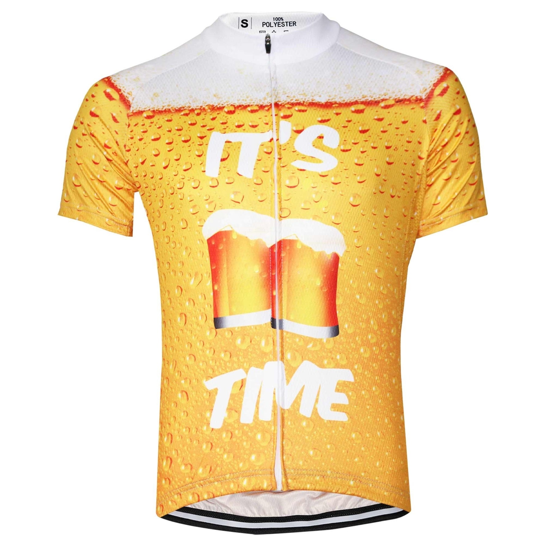 Get ready to ride with the Its Beer Time Retro Cycling Jersey, featuring a vibrant yellow color and playful beer foam design, complete with ITS TIME and clinking beer mugs, ideal for cyclists with personality.