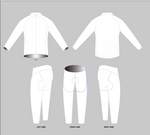 Illustration of the Custom Design Cycling Jersey & Shorts Long Set. The fleece-lined jersey is displayed front and back, and the gel-padded shorts are shown from left, front, and right, with detailed seam placements for comfort.
