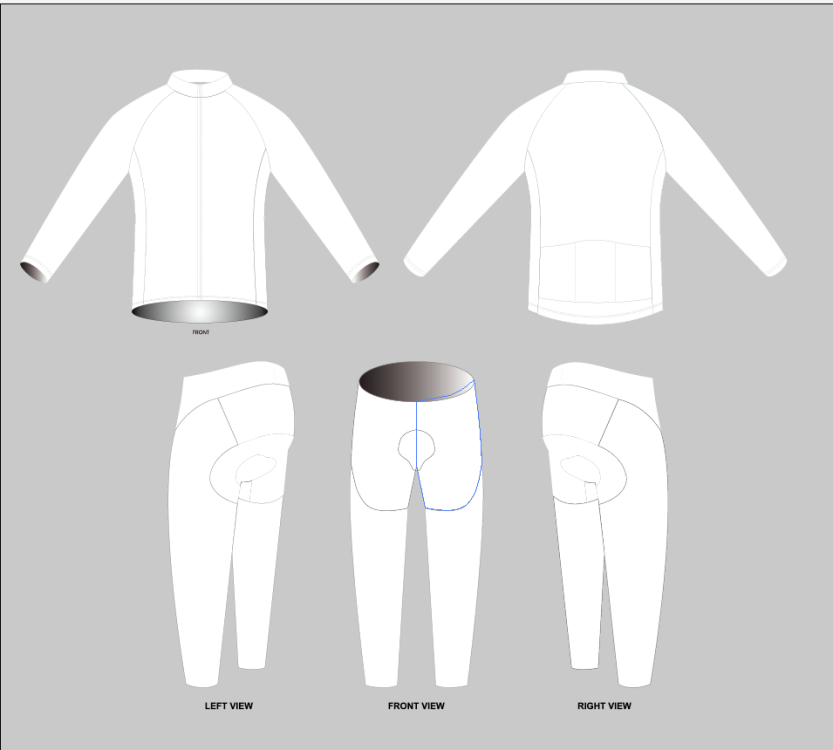 Illustration of the Custom Design Cycling Jersey & Shorts Long Set. The fleece-lined jersey is displayed front and back, and the gel-padded shorts are shown from left, front, and right, with detailed seam placements for comfort.