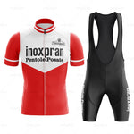 Retro cycling jersey set with red and white short-sleeves, featuring Inoxpran and Pentole Posate logos, reminiscent of the Giro dItalia era, paired with black bib shorts adorned with matching branding.