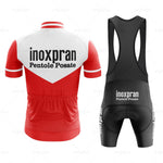 The Inoxpran Pentole Posate Retro Cycling Jersey Set includes a red and white jersey and black bib shorts, both featuring the iconic Inoxpran Pentole Posate text. Ideal for vintage style enthusiasts or those aspiring to their own Giro dItalia adventures.
