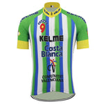 The Kelme Retro Cycling Jersey boasts a lightweight polyester build with a classic design, featuring green, blue, and white vertical stripes, yellow sleeves, sponsor logos such as Costa Blanca and Comunitat Valenciana, and a bold number 9 on a red circle near the collar.