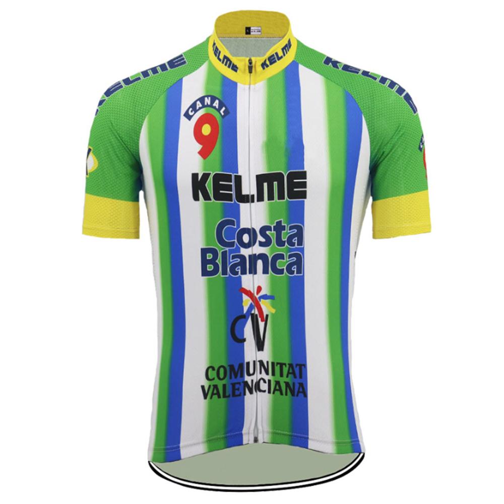 The Kelme Retro Cycling Jersey boasts a lightweight polyester build with a classic design, featuring green, blue, and white vertical stripes, yellow sleeves, sponsor logos such as Costa Blanca and Comunitat Valenciana, and a bold number 9 on a red circle near the collar.
