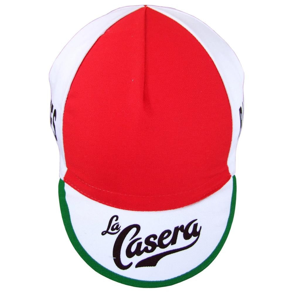 The La Casera-Bahamontes Retro Cycling Cap features a vibrant red top panel, white side panels, and a green-edged brim with La Casera in bold script. Inspired by the iconic La Casera-Bahamontes era, its available at vintagecycling.shop.