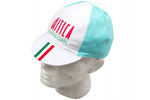 The La Mitica Fausto Coppi Retro Cycling Cap features La Mitica and Fausto Coppi text on the front with Italian flag colors on the brim. Mainly white with light blue panels, its showcased on a white mannequin head.