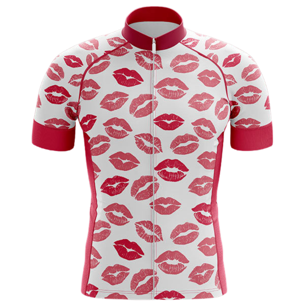 Introducing the Red Lips Cycling Jersey, expertly designed with lightweight polyester. It boasts a vibrant red lipstick kiss pattern on white, enhanced by short sleeves, red side panels and cuffs, plus a full-length zipper for ultimate comfort and style.