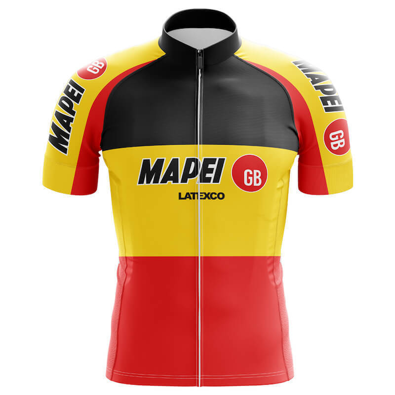 The Mapei Latexco Retro Cycling Jersey features a black, yellow, and red design with MAPEI, GB, and LATEXCO logos on the front and sleeves. Designed for performance, its vertical sections improve both aesthetics and functionality.