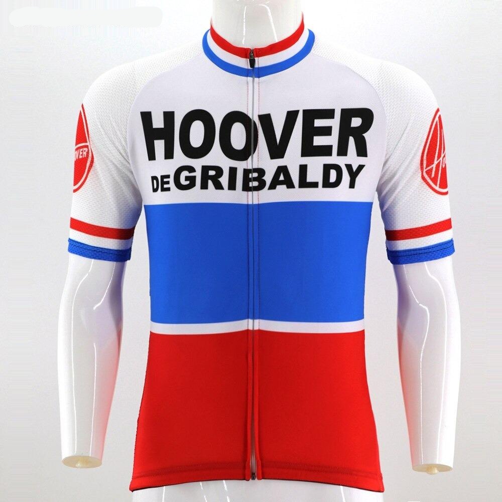 Displayed on a mannequin, the Hoover de Gribaldy Retro Cycling Jersey boasts a vibrant red, white, and blue design with the brand name on the front. The red and blue striped cuffs on the sleeves add a classic finish, making it stylish and performance-oriented.