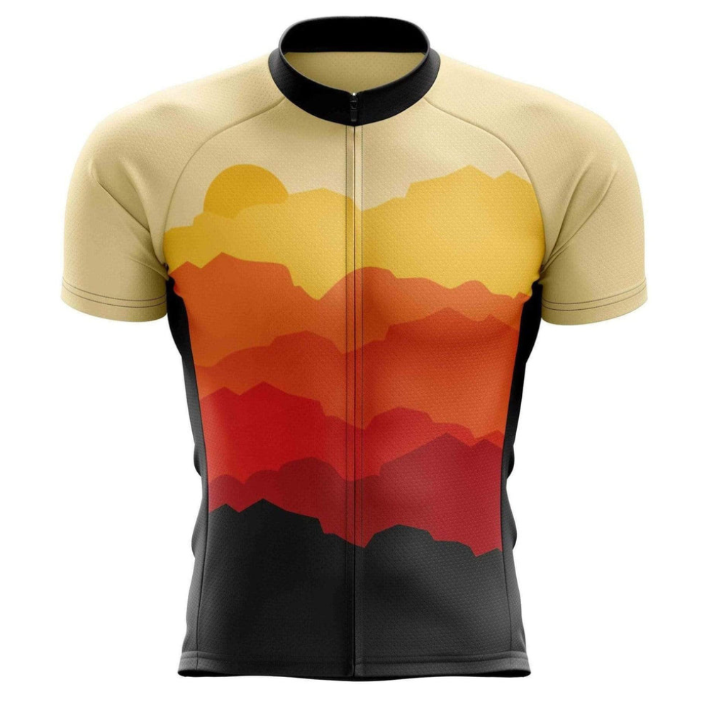 The Hazy Mountains Cycling Jersey showcases a stylized mountain landscape in yellow, orange, and red under a setting sun. Made from lightweight polyester, it features beige sleeves and shoulders with contrasting black sides.
